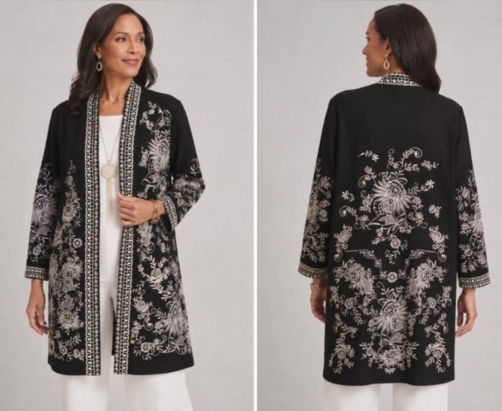 Chico’s Open-Front Heavily Embroidered Kimono-style Jacket Duster Art to Wear
